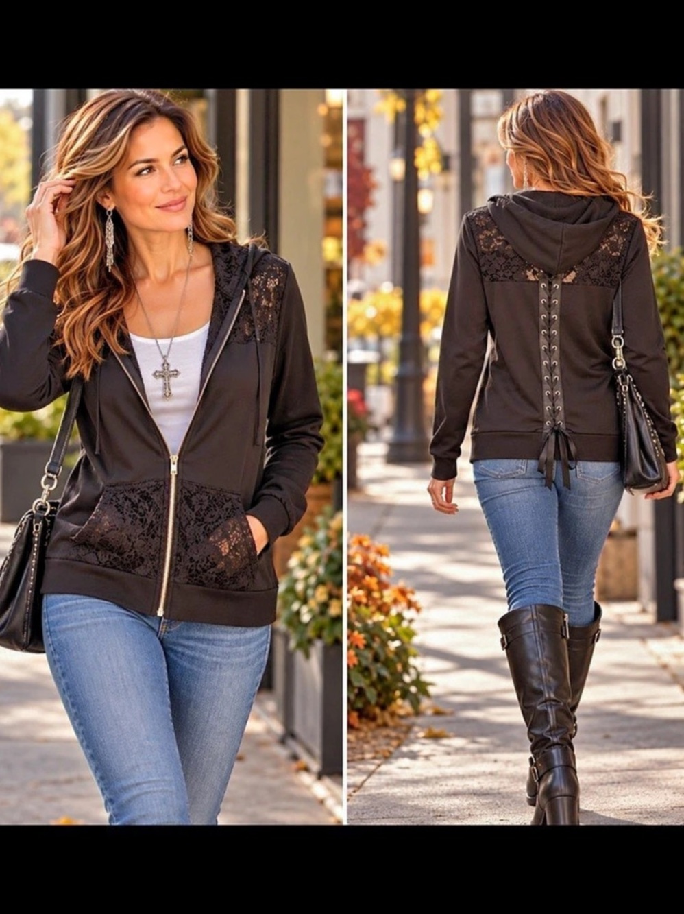 Hoodie Black Lace-Inset Corset-Back Dressfo Sx XL
